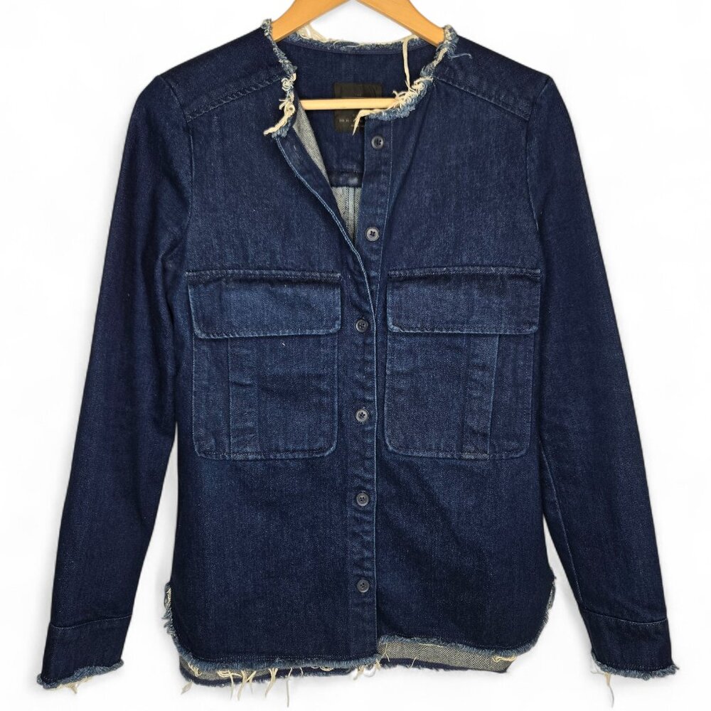 Zara Trafaluc Denim Cargo Jean Jacket Women's Raw Chunky Frayed Hem Buttons XS